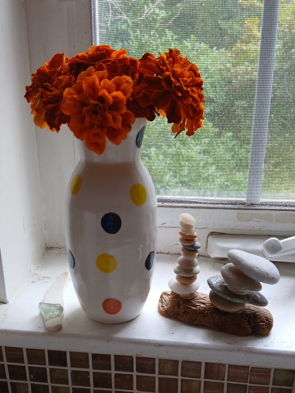 White Ceramic Dot Vase with Yellow, Navy & Coral Accents